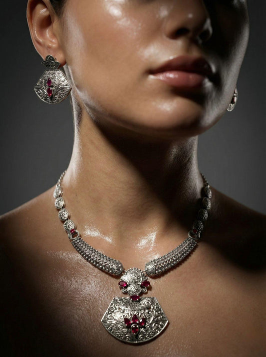 Roopsi 925 Regal Ruby Oxidised Necklace Set