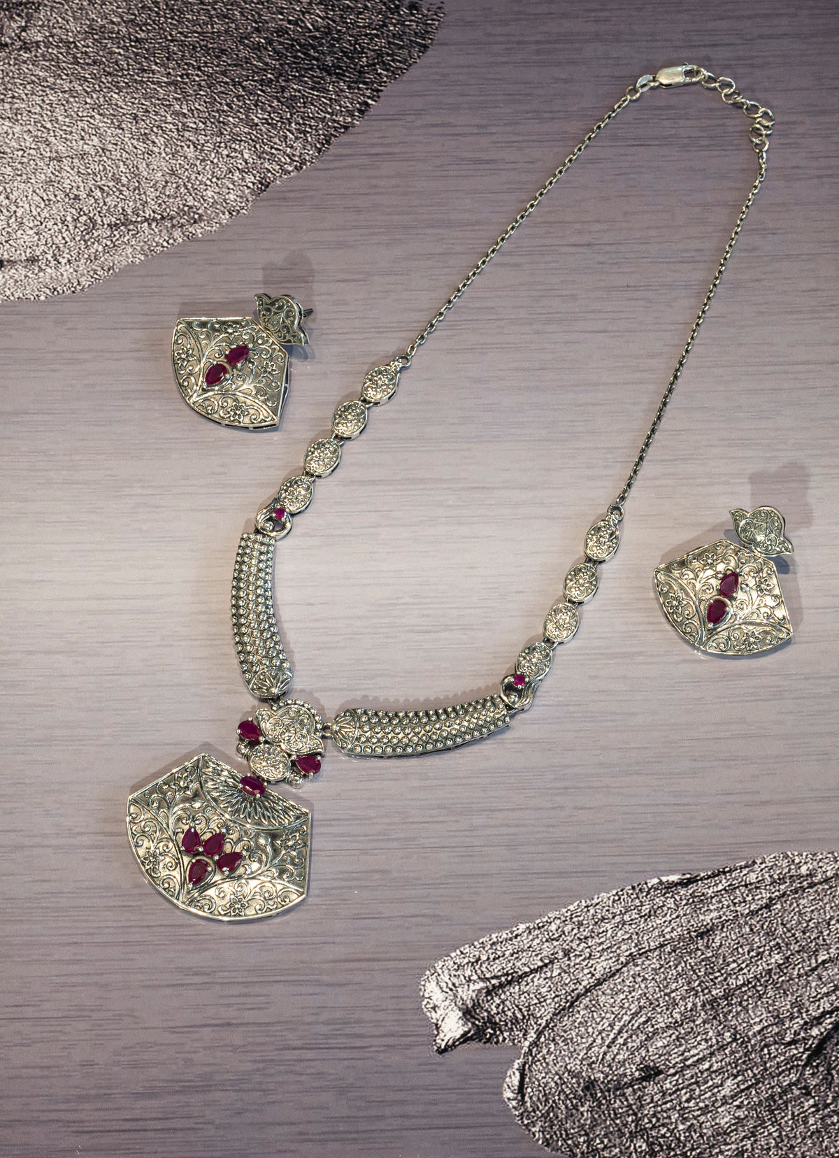 Roopsi 925 Regal Ruby Oxidised Necklace Set