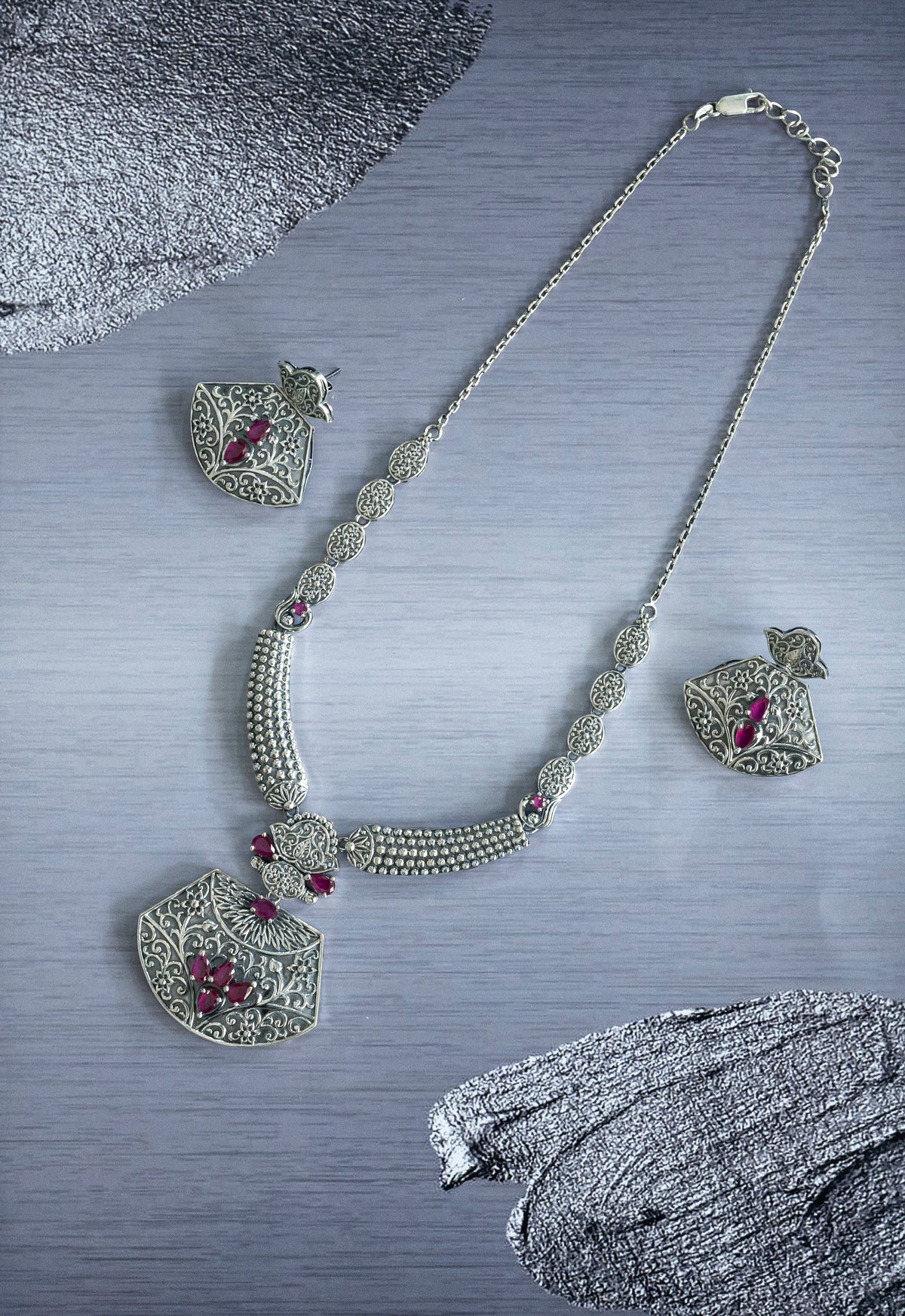 Roopsi 925 Regal Ruby Oxidised Necklace Set